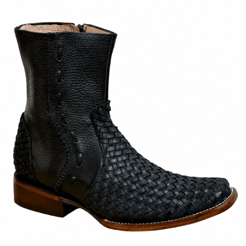 A&A Western Wear Men's Woven Leather Zip Square Toe Western Boots – Black - OriginalWestern.com