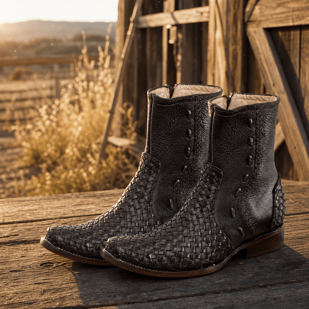A&A Western Wear Men's Woven Leather Zip Square Toe Western Boots – Brown - OriginalWestern.com