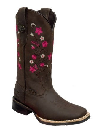 A&A Western Wear Women’s Boots, Crazy Horse Leather with Pink Floral Embroidery, Square Toe - Brown - OriginalWestern.com