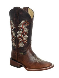 A&A Western Wear Women’s Boots, Distressed Leather with Cream and Red Embroidery, Square Toe - Brown - OriginalWestern.com