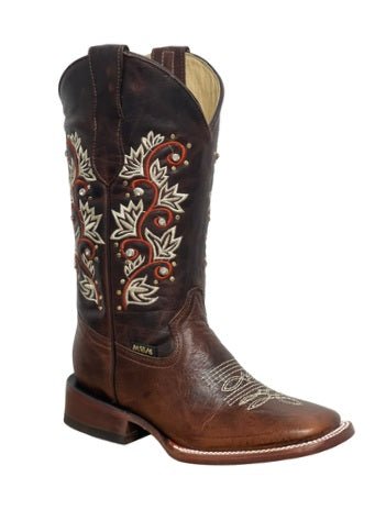 A&A Western Wear Women’s Boots, Distressed Leather with Cream and Red Embroidery, Square Toe - Brown - OriginalWestern.com