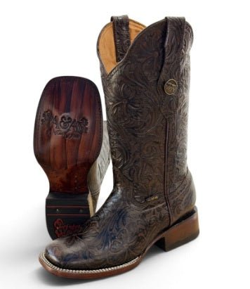 A&A Western Wear Women’s Boots, Hand-Tooled Floral Leather, Square Toe - Brown - OriginalWestern.com