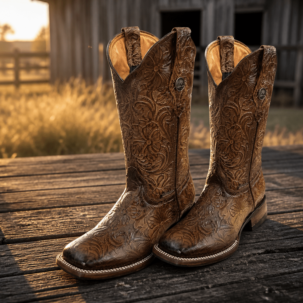 A&A Western Wear Women’s Boots, Hand-Tooled Floral Leather, Square Toe - Honey - OriginalWestern.com