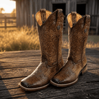 A&A Western Wear Women’s Boots, Hand-Tooled Floral Leather, Square Toe - Honey - OriginalWestern.com