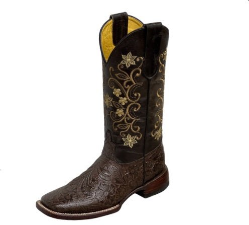 A&A Western Wear Women’s Boots, Hand-Tooled Leather Vamp with Gold Floral Embroidery, Square Toe - Brown - OriginalWestern.com