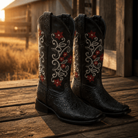 A&A Western Wear Women’s Boots, Hand-Tooled Leather Vamp with Red Floral Embroidery, Square Toe - Black - OriginalWestern.com