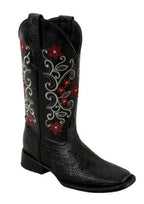 A&A Western Wear Women’s Boots, Hand-Tooled Leather Vamp with Red Floral Embroidery, Square Toe - Black - OriginalWestern.com