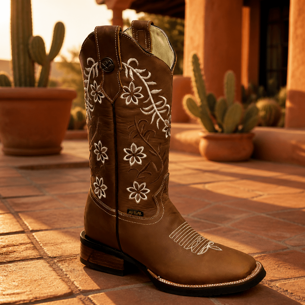 A&A Western Wear Women’s Boots, Leather with Cream Floral Embroidery and Rubber Sole, Square Toe - Honey - OriginalWestern.com