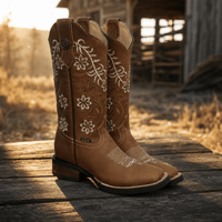A&A Western Wear Women’s Boots, Leather with Cream Floral Embroidery and Rubber Sole, Square Toe - Honey - OriginalWestern.com