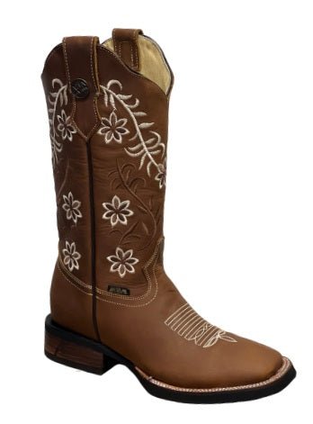 A&A Western Wear Women’s Boots, Leather with Cream Floral Embroidery and Rubber Sole, Square Toe - Honey - OriginalWestern.com