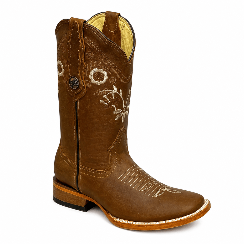 A&A Western Wear Women’s Boots, Leather with Cream Floral Embroidery, Square Toe - Tan - OriginalWestern.com