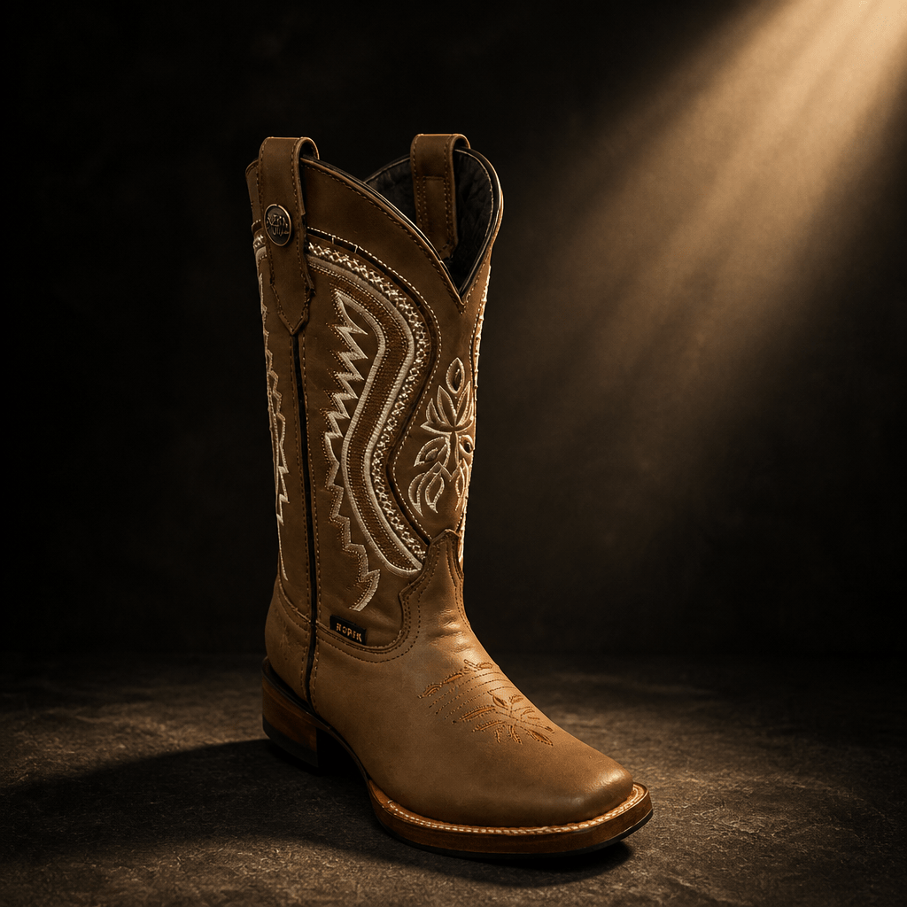 A&A Western Wear Women’s Boots, Leather with Cream Zigzag Embroidery, Square Toe - Tobacco Brown - OriginalWestern.com