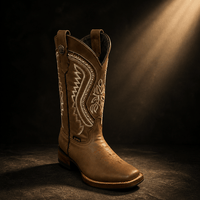 A&A Western Wear Women’s Boots, Leather with Cream Zigzag Embroidery, Square Toe - Tobacco Brown - OriginalWestern.com