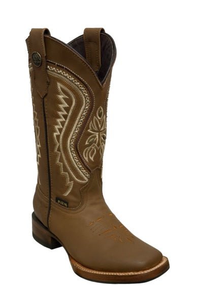 A&A Western Wear Women’s Boots, Leather with Cream Zigzag Embroidery, Square Toe - Tobacco Brown - OriginalWestern.com