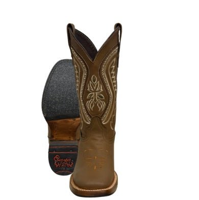 A&A Western Wear Women’s Boots, Leather with Cream Zigzag Embroidery, Square Toe - Tobacco Brown - OriginalWestern.com