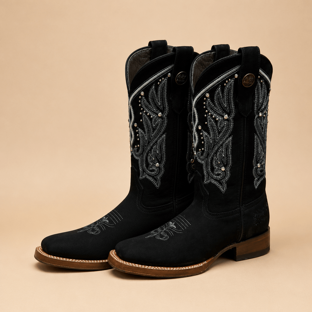 A&A Western Wear Women’s Boots, Leather with Crystal Stud Embroidery, Square Toe - Black - OriginalWestern.com