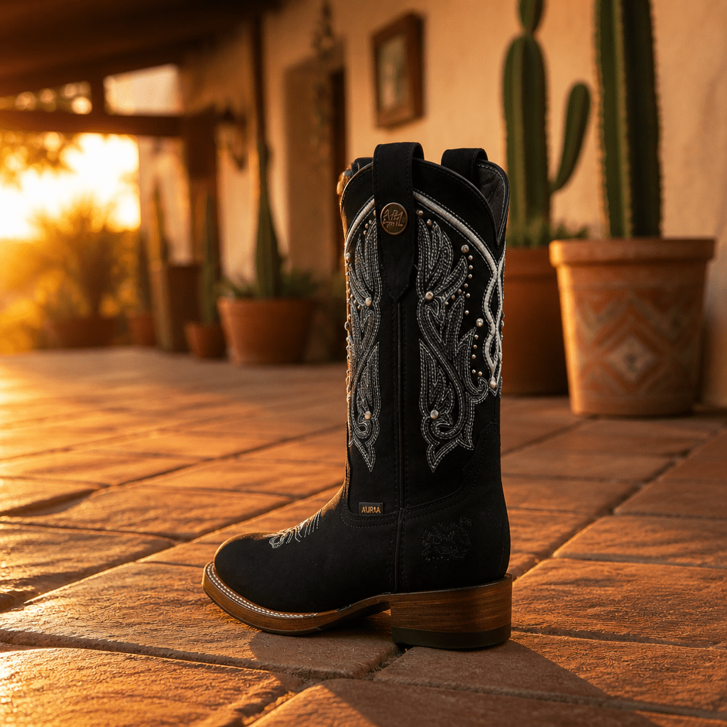 A&A Western Wear Women’s Boots, Leather with Crystal Stud Embroidery, Square Toe - Black - OriginalWestern.com