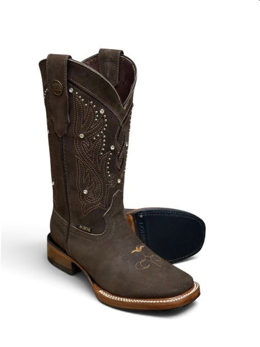A&A Western Wear Women’s Boots, Leather with Crystal Stud Embroidery, Square Toe - Brown - OriginalWestern.com