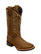 A&A Western Wear Women’s Boots, Leather with Crystal Stud Embroidery, Square Toe - Honey - OriginalWestern.com