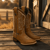 A&A Western Wear Women’s Boots, Leather with Crystal Stud Embroidery, Square Toe - Honey - OriginalWestern.com