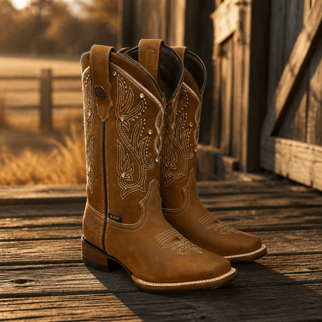 A&A Western Wear Women’s Boots, Leather with Crystal Stud Embroidery, Square Toe - Honey - OriginalWestern.com