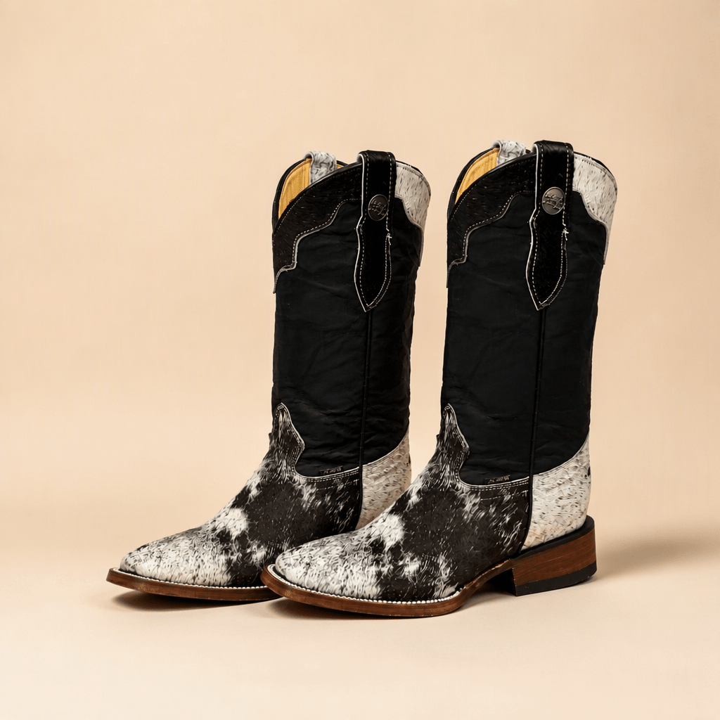 A&A Western Wear Women’s Boots, Leather with Hair-On Cowhide Accents, Square Toe - Black - OriginalWestern.com
