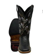 A&A Western Wear Women’s Boots, Leather with Lavender Floral Embroidery, Square Toe - Black - OriginalWestern.com