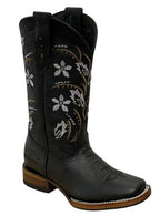 A&A Western Wear Women’s Boots, Leather with Lavender Floral Embroidery, Square Toe - Black - OriginalWestern.com