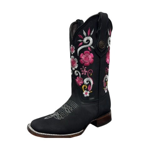 A&A Western Wear Women’s Boots, Leather with Pink Floral Embroidery, Square Toe - Black - OriginalWestern.com