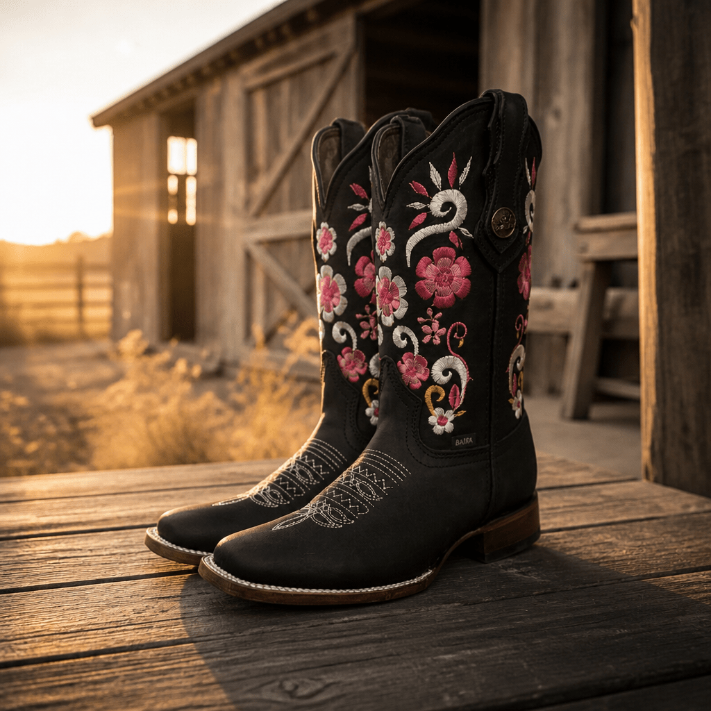 A&A Western Wear Women’s Boots, Leather with Pink Floral Embroidery, Square Toe - Black - OriginalWestern.com