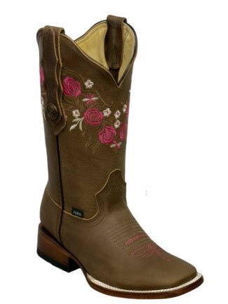 A&A Western Wear Women’s Boots, Leather with Pink Rose Embroidery, Square Toe - Tan - OriginalWestern.com
