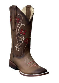 A&A Western Wear Women’s Boots, Leather with Red Floral Embroidery, Square Toe - Tobacco Brown - OriginalWestern.com