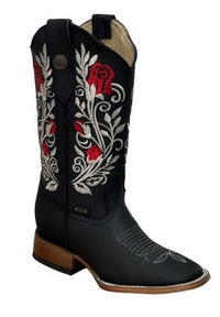 A&A Western Wear Women’s Boots, Leather with Red Rose Embroidery, Square Toe - Black - OriginalWestern.com