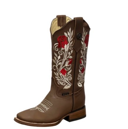 A&A Western Wear Women’s Boots, Leather with Red Rose Embroidery, Square Toe - Tobacco Brown - OriginalWestern.com