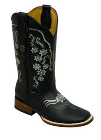 A&A Western Wear Women’s Boots, Leather with Silver Floral Embroidery, Square Toe - Black - OriginalWestern.com