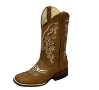 A&A Western Wear Women’s Boots, Leather with White Floral Embroidery, Square Toe - Tan - OriginalWestern.com