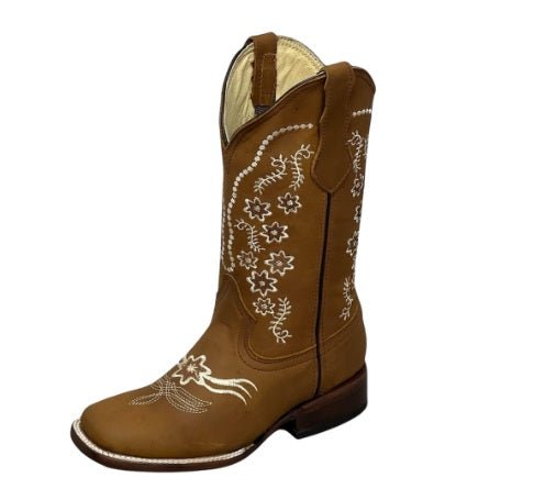 A&A Western Wear Women’s Boots, Leather with White Floral Embroidery, Square Toe - Tan - OriginalWestern.com