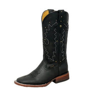 A&A Western Wear Women’s Boots, Leather with White Stitched Embroidery and Studs, Square Toe - Black - OriginalWestern.com