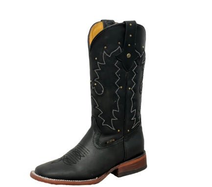 A&A Western Wear Women’s Boots, Leather with White Stitched Embroidery and Studs, Square Toe - Black - OriginalWestern.com