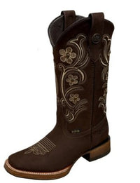 A&A Western Wear Women’s Boots, Nubuck with Cream Floral Embroidery, Square Toe - Brown - OriginalWestern.com