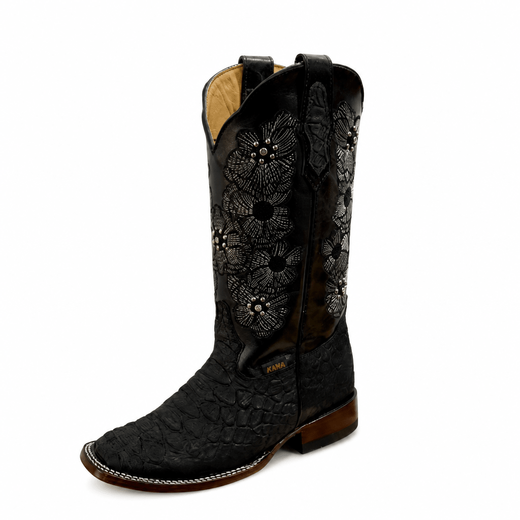 A&A Western Wear Women’s Boots, Python Print with Silver Floral Embroidery and Studs, Square Toe - Black - OriginalWestern.com