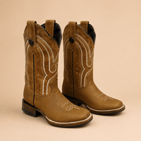 A&A Western Wear Women’s Boots, Two-Tone Leather with Cream Stitched Shaft and Non-Slip Rubber Sole, Square Toe - Tan - OriginalWestern.com