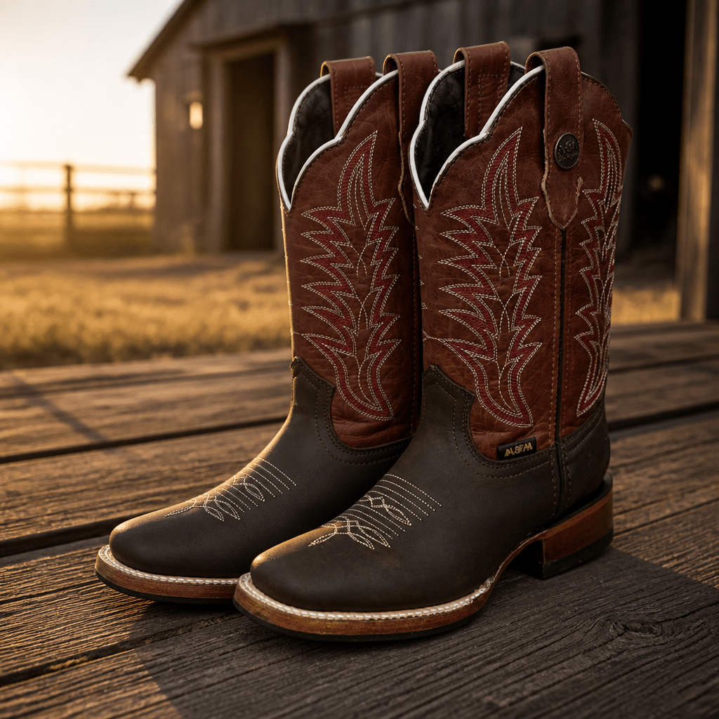 A&A Western Wear Women’s Boots, Two-Tone Leather with Cream Stitching and Non-Slip Rubber Sole, Square Toe - Brown/Burgundy - OriginalWestern.com