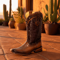 A&A Western Wear Women’s Boots, Two-Tone Leather with Tonal Embroidery and Tooled Trim, Square Toe - Cognac/Burgundy - OriginalWestern.com