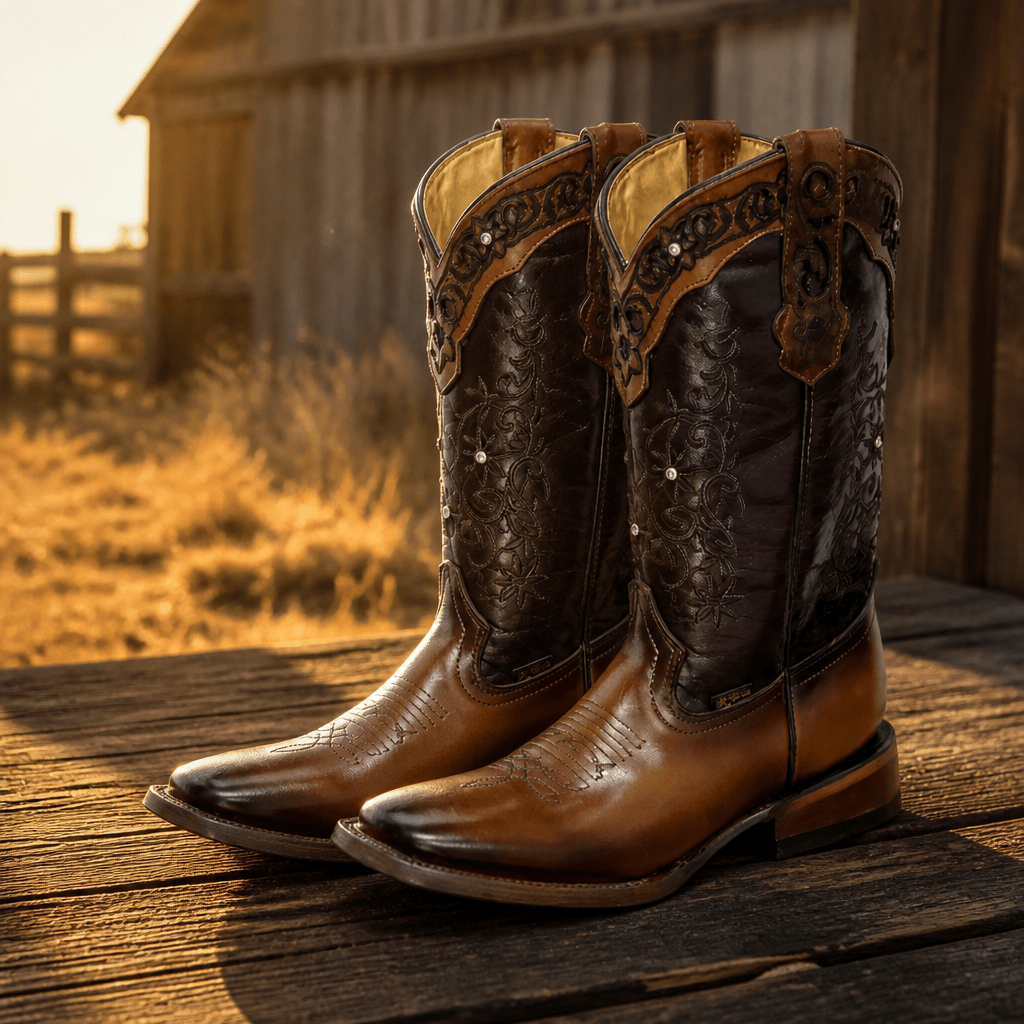 A&A Western Wear Women’s Boots, Two-Tone Leather with Tonal Embroidery and Tooled Trim, Square Toe - Cognac/Burgundy - OriginalWestern.com