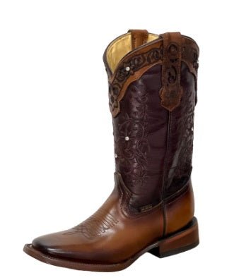 A&A Western Wear Women’s Boots, Two-Tone Leather with Tonal Embroidery and Tooled Trim, Square Toe - Cognac/Burgundy - OriginalWestern.com
