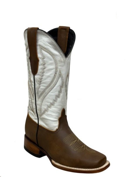 A&A Western Wear Women’s Boots, Two-Tone Leather with Tonal Stitched Shaft, Square Toe - Tobacco/White - OriginalWestern.com