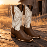 A&A Western Wear Women’s Boots, Two-Tone Leather with Tonal Stitched Shaft, Square Toe - Tobacco/White - OriginalWestern.com