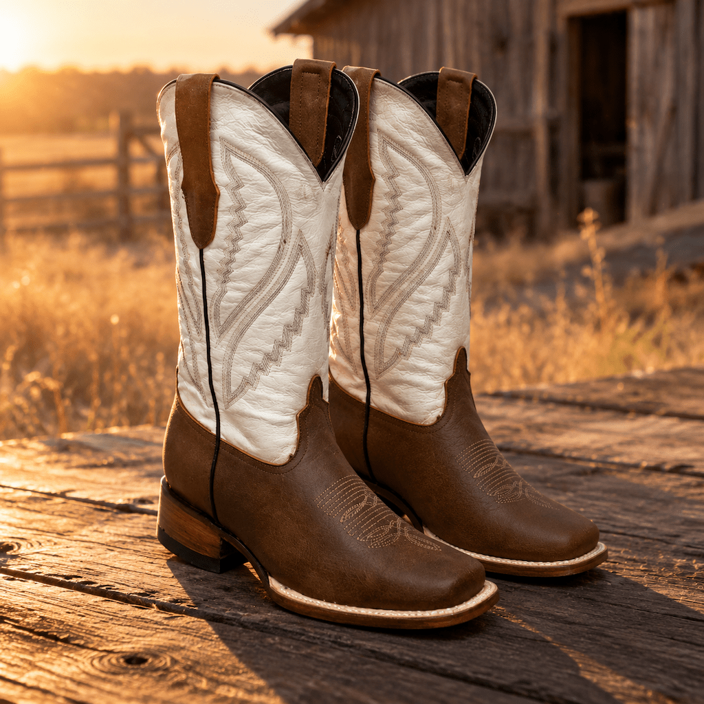A&A Western Wear Women’s Boots, Two-Tone Leather with Tonal Stitched Shaft, Square Toe - Tobacco/White - OriginalWestern.com