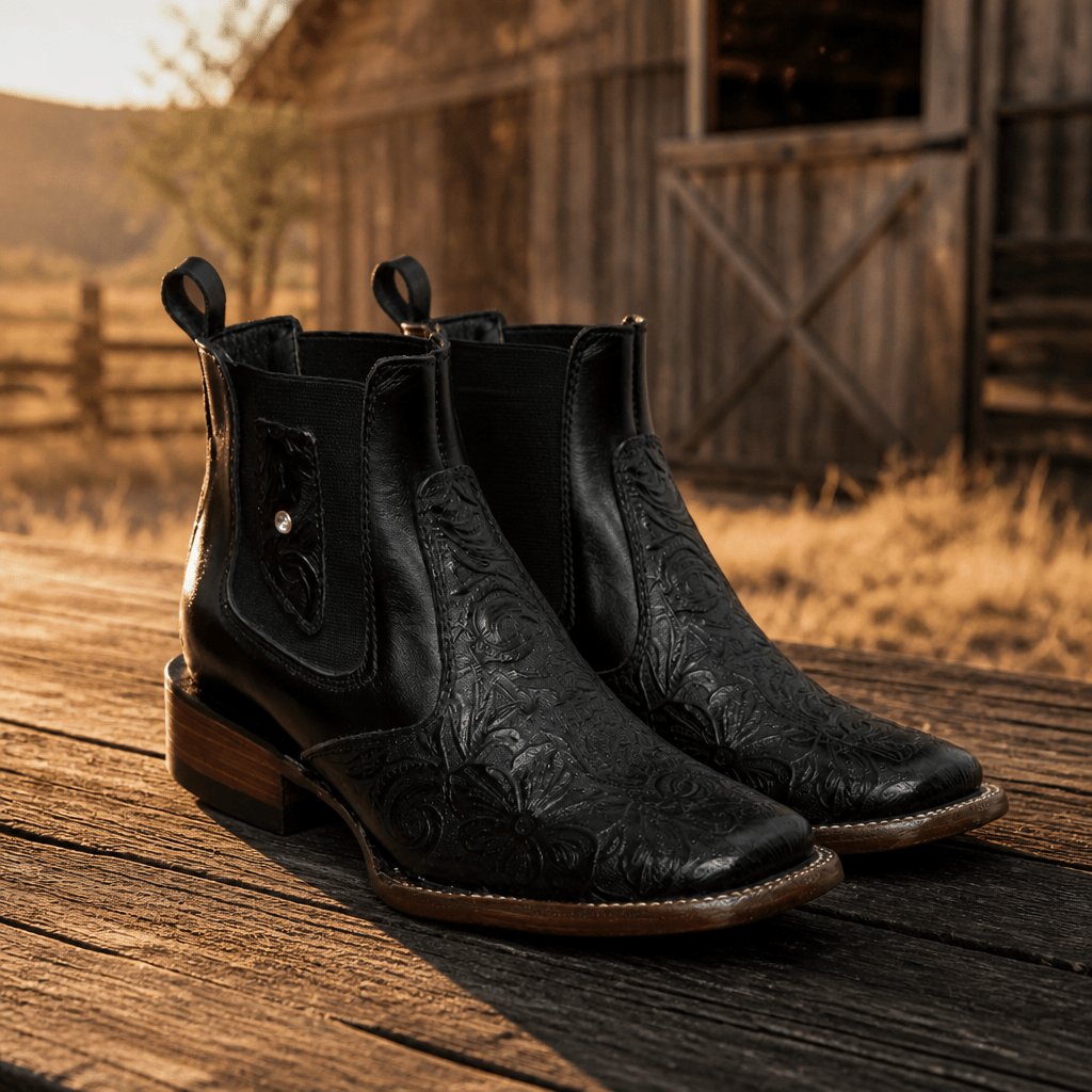 A&A Western Wear Women’s Chelsea Ankle Boots, Leather with Hand-Tooled Floral Vamp, Square Toe - Black - OriginalWestern.com